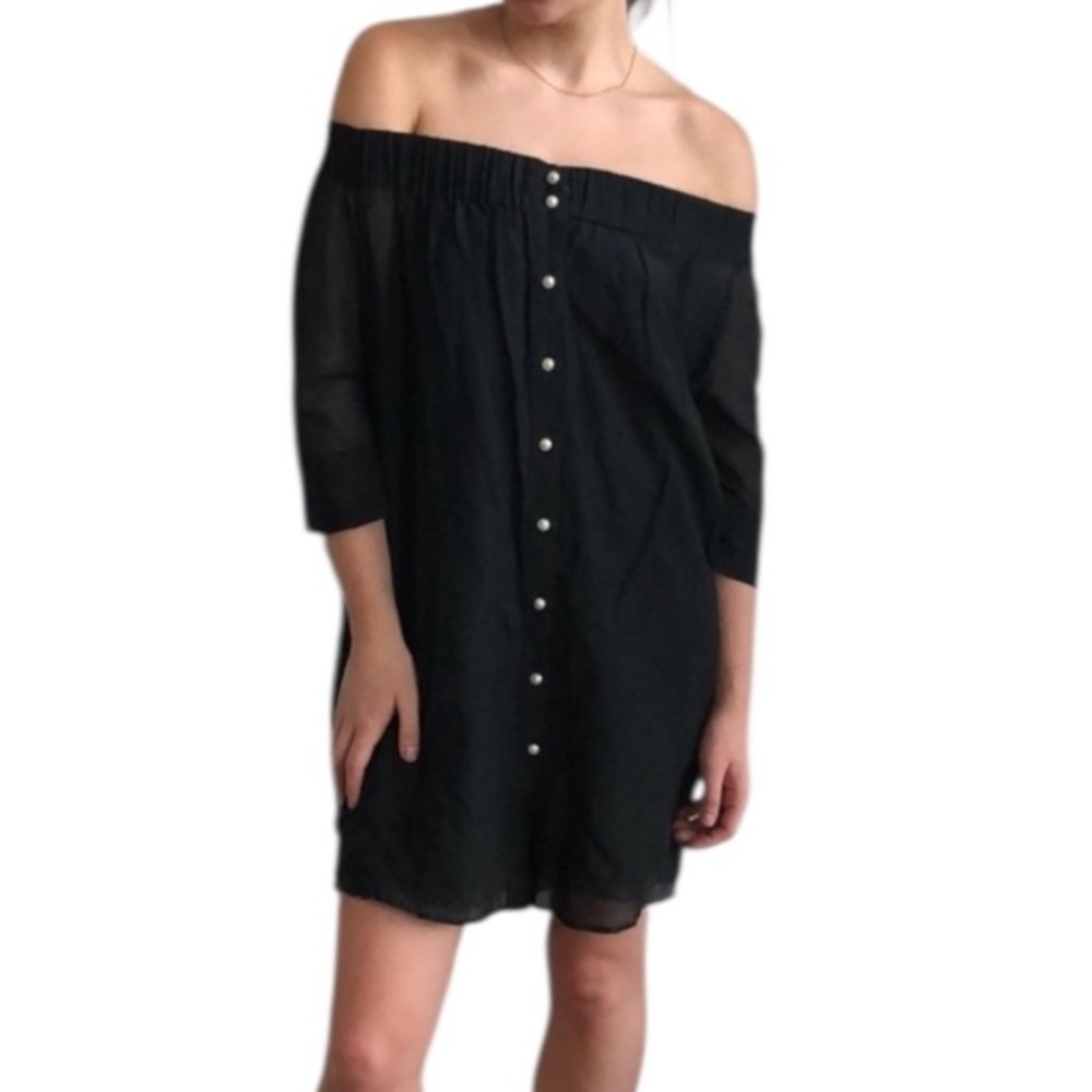 Antipodium Black Sheer Off the Shoulder 3/4 Sleeve Mini Dress w/ Pearl Buttons